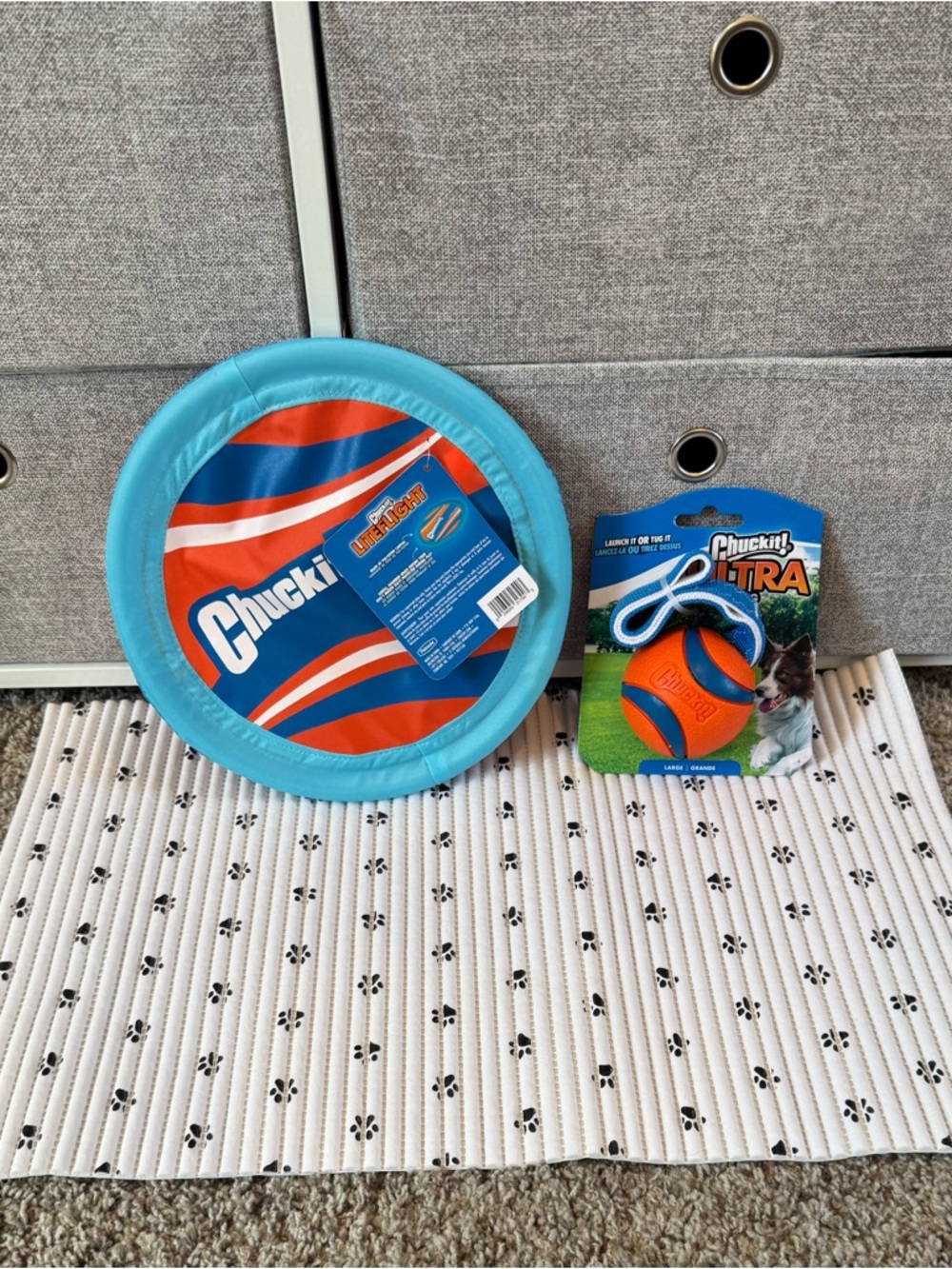 Blue and Orange Dog Fetch Toys - Flyer and Ball & Food Mat